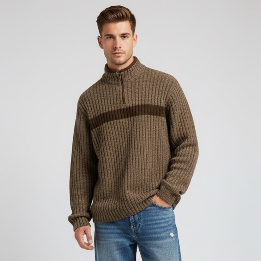 Vintage Y2K American Eagle Outfitters Men's Brown Ribbed 100% Wool Sweater